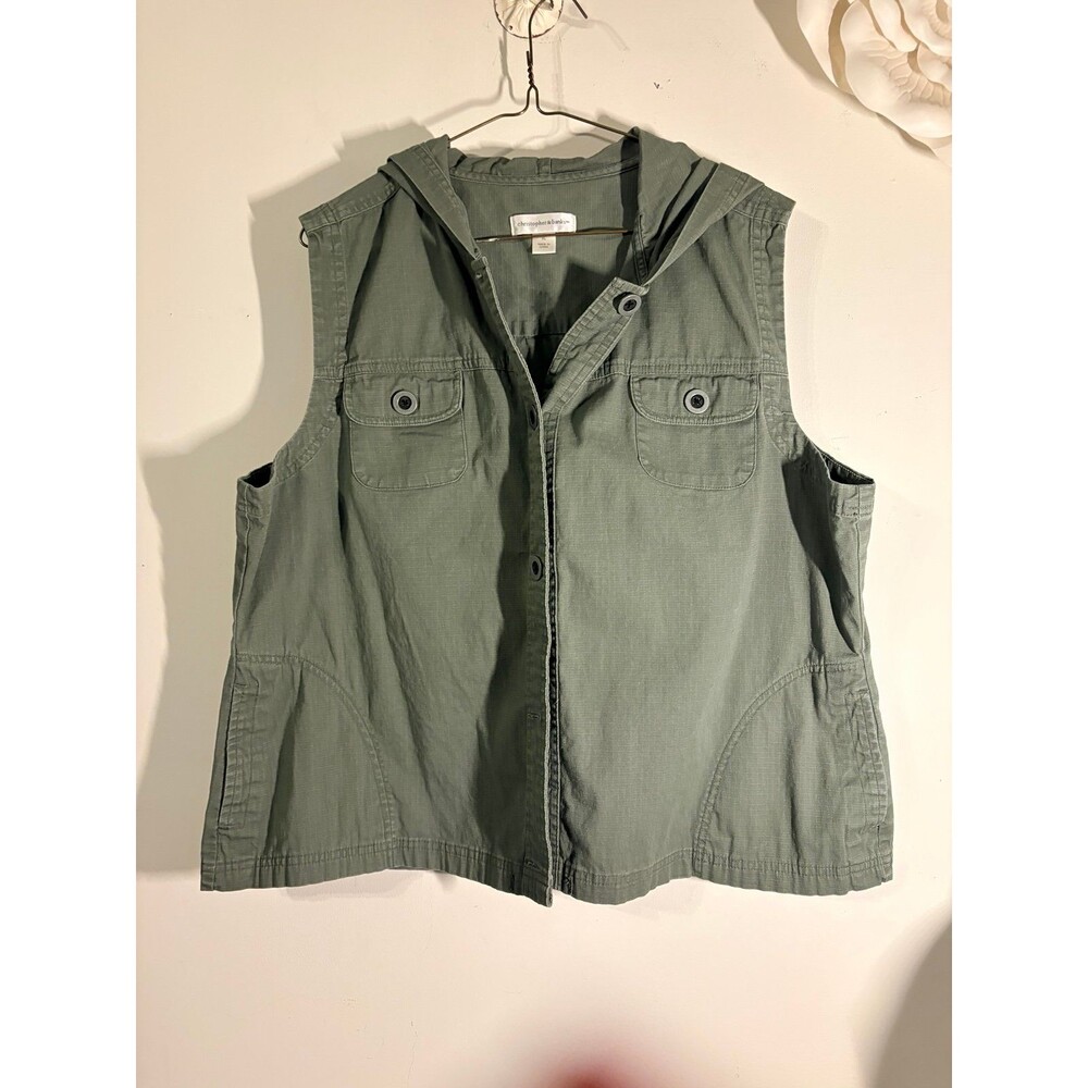 Christopher & Banks utility vest in an olive green shade, size XL.